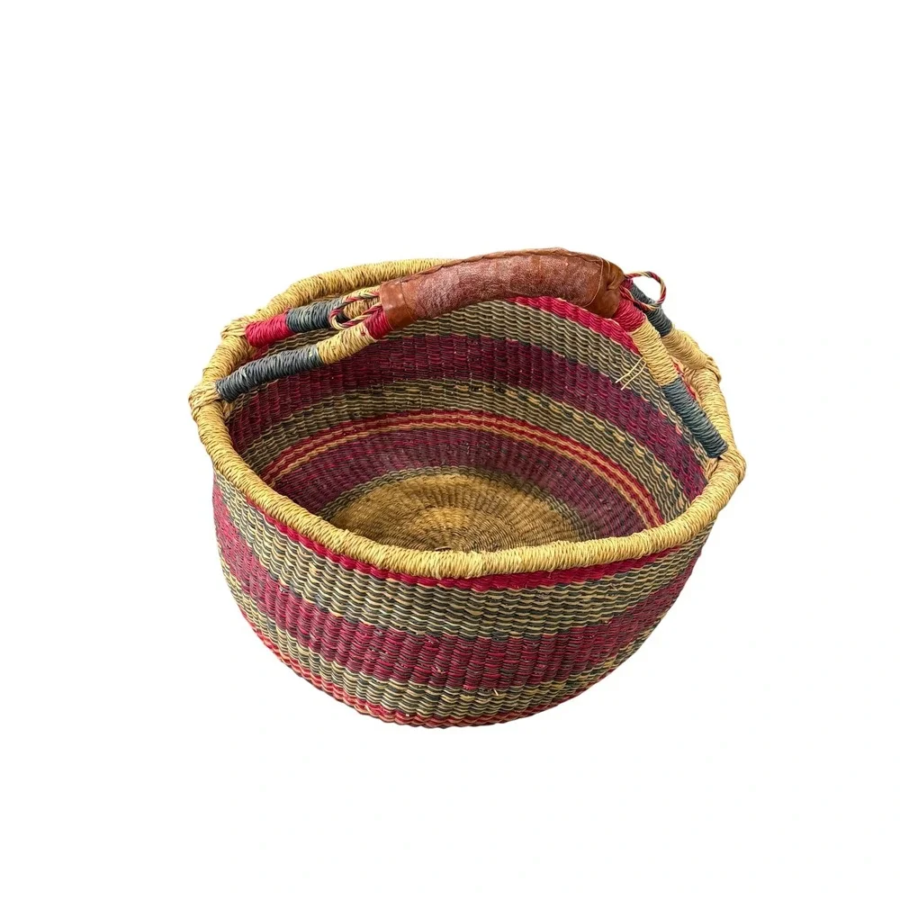 Handwoven Woven Market Basket Leather Handle Boho Storage Farmhouse Decor Tote